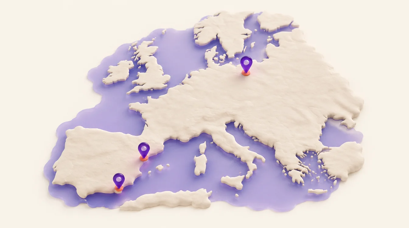 Mapa de Europa en relieve con marcadores en Valencia, Almería y Berlín